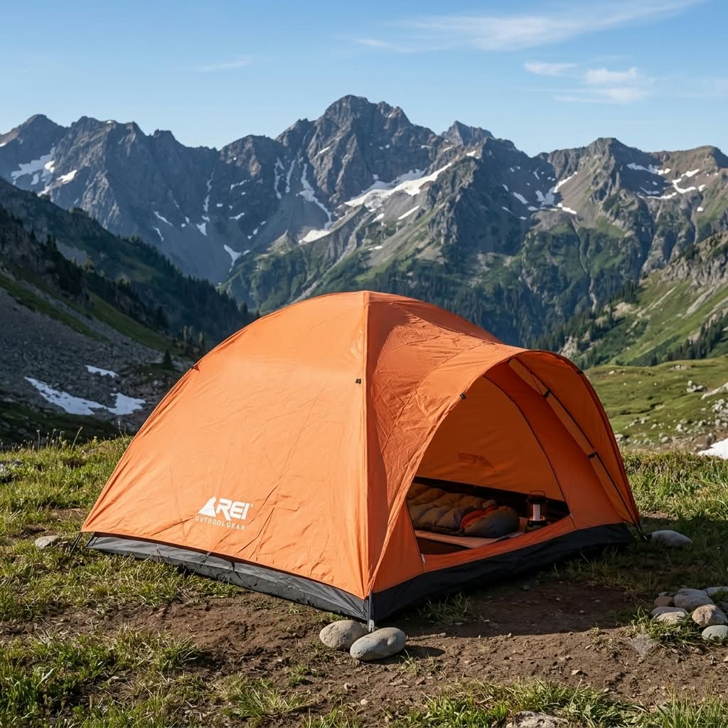 Tenda camping berwarna oranye di pegunungan
